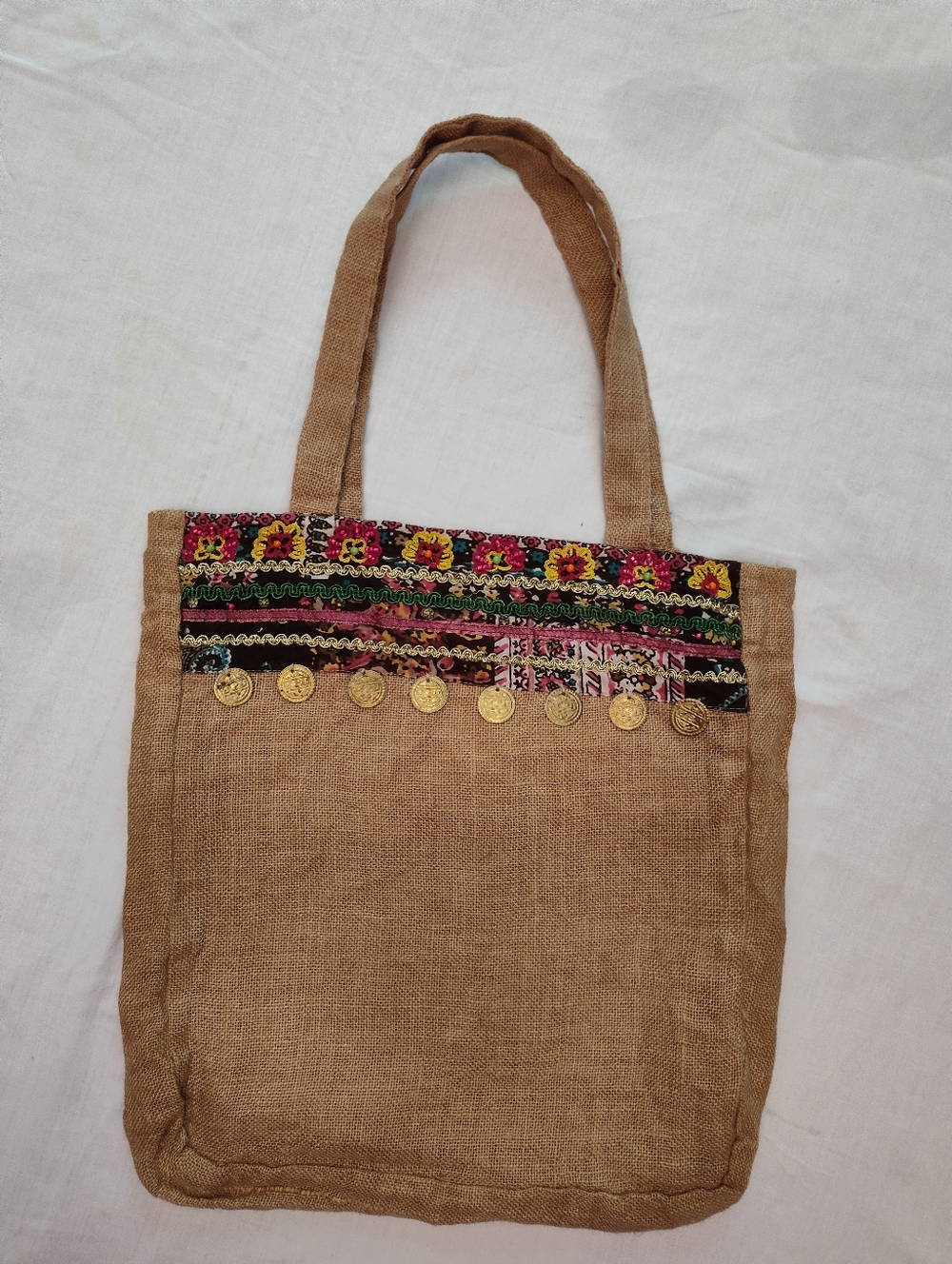 World Market Embroidered Jute Tote Bag With Coin Detail